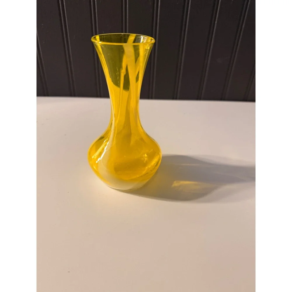 Hand blown yellow and white swirl bud vase